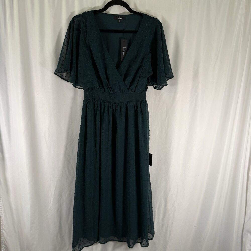 New Lulus Dress Women's Small Green Midi Vneck Sheer Short Sleeve Pullover